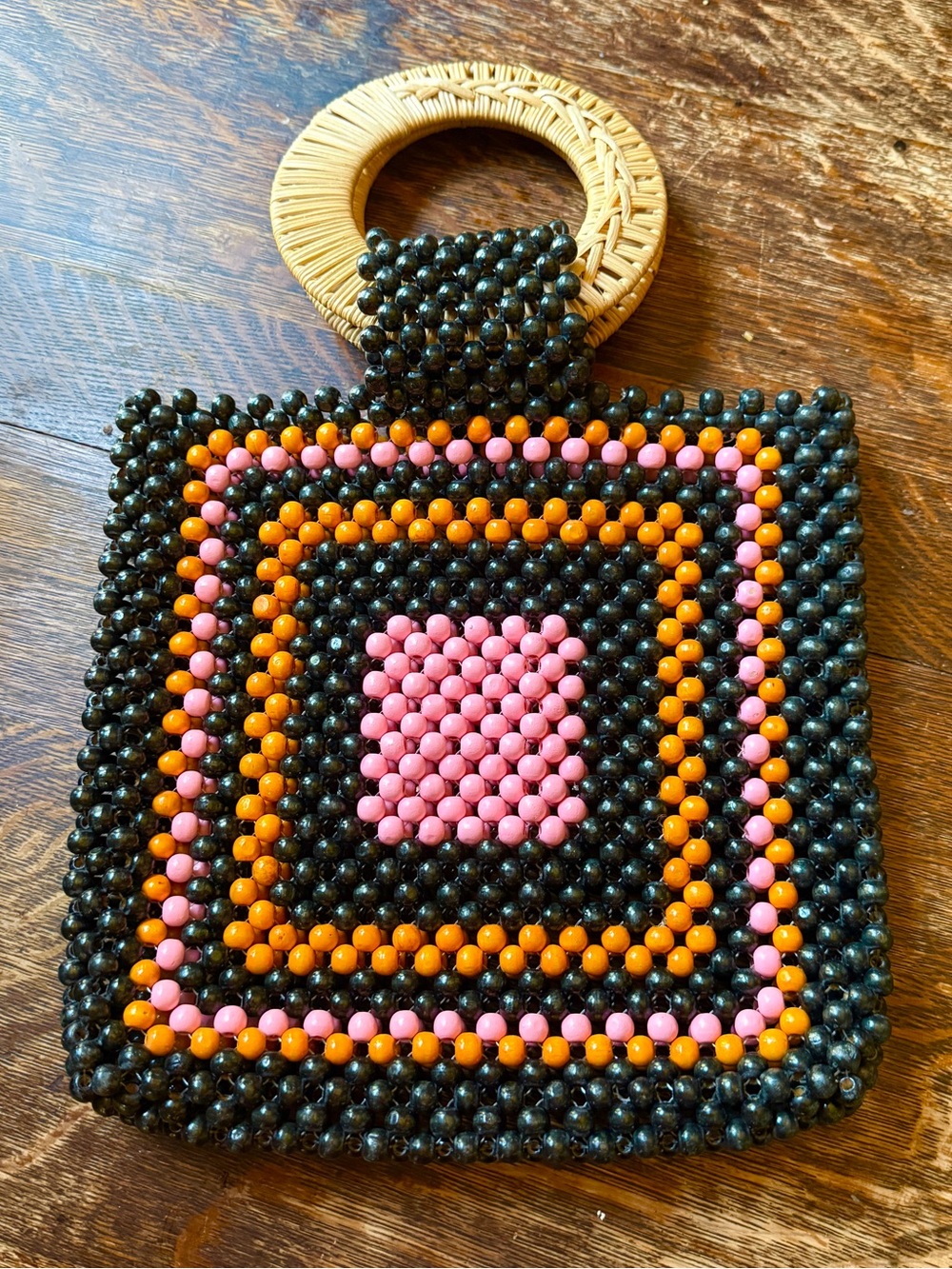 Vintage 70s Wood Beaded Clutch Purse with Pink, Orange, Black and Wicker Handle